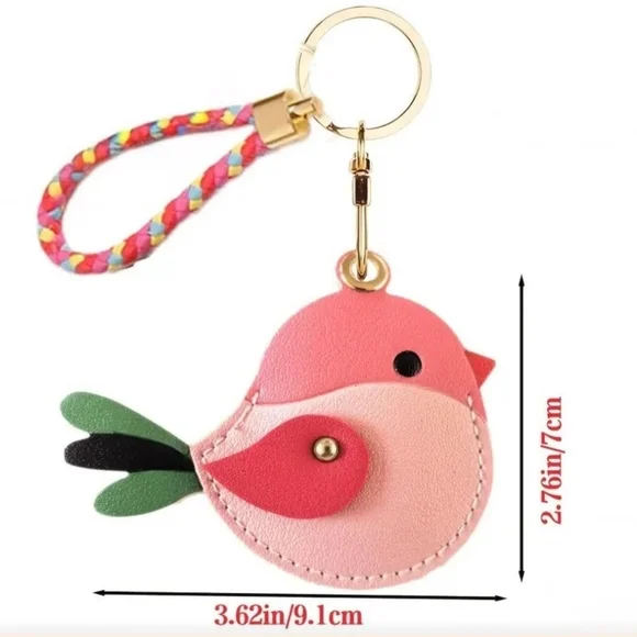 Colorful Pink Bird Vegan Leather Air Tag Holder Keychain with Braided Strap NWOT - Picture 5 of 9